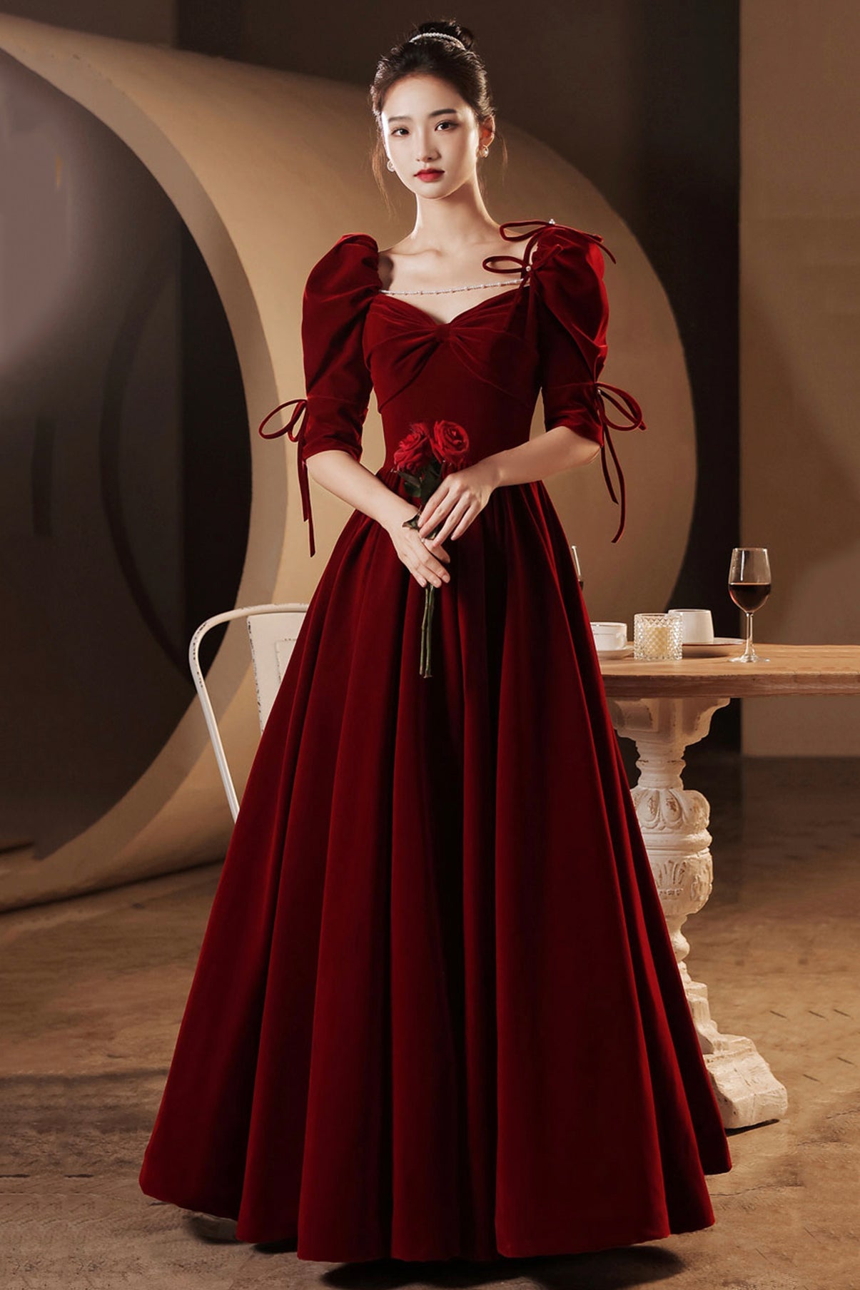 solvbao Burgundy Velvet Long Prom Dresses, A-Line Evening Dresses