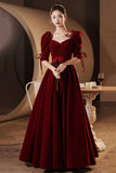 solvbao Burgundy Velvet Long Prom Dresses, A-Line Evening Dresses