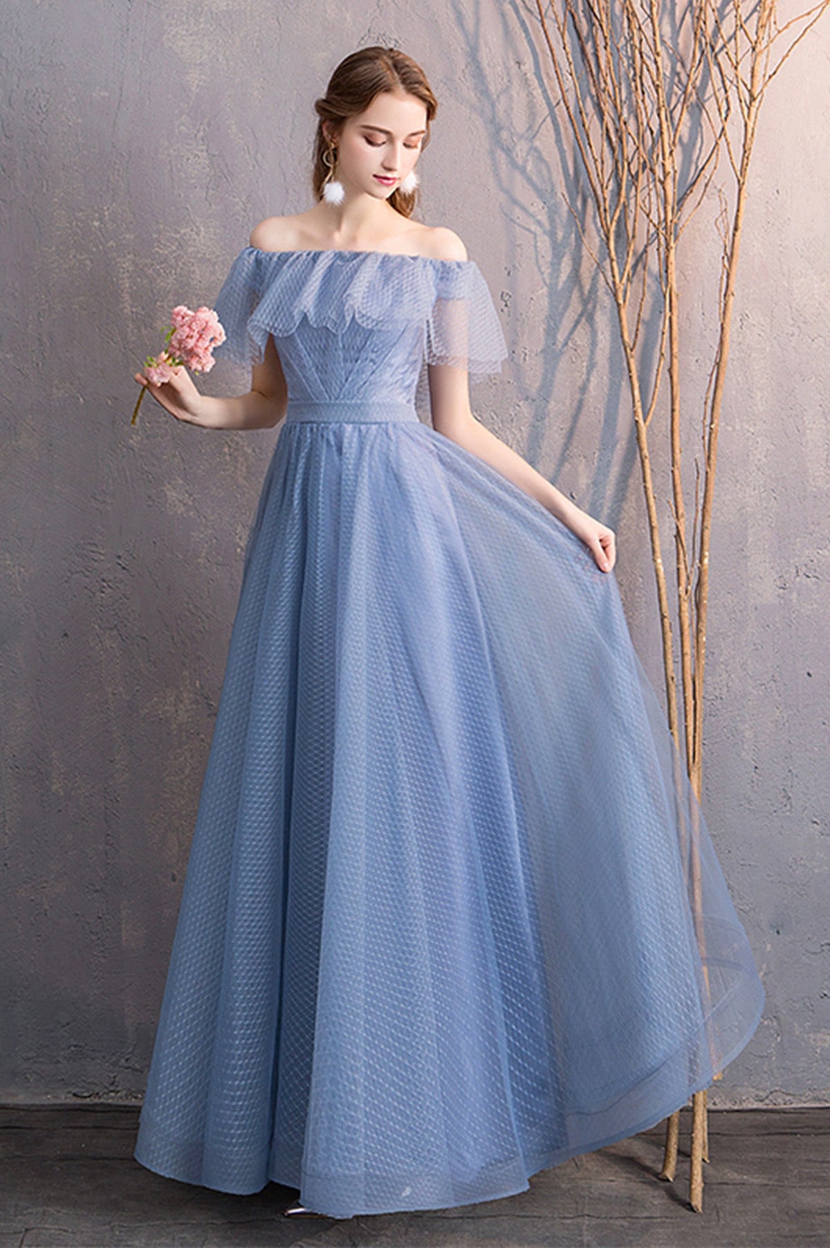 solvbao Blue Tulle Long Prom Dresses, A-Line Bridesmaid Dresses