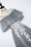 solvbao Gray Tulle Lace Long Prom Dress, A-Line Evening Dress