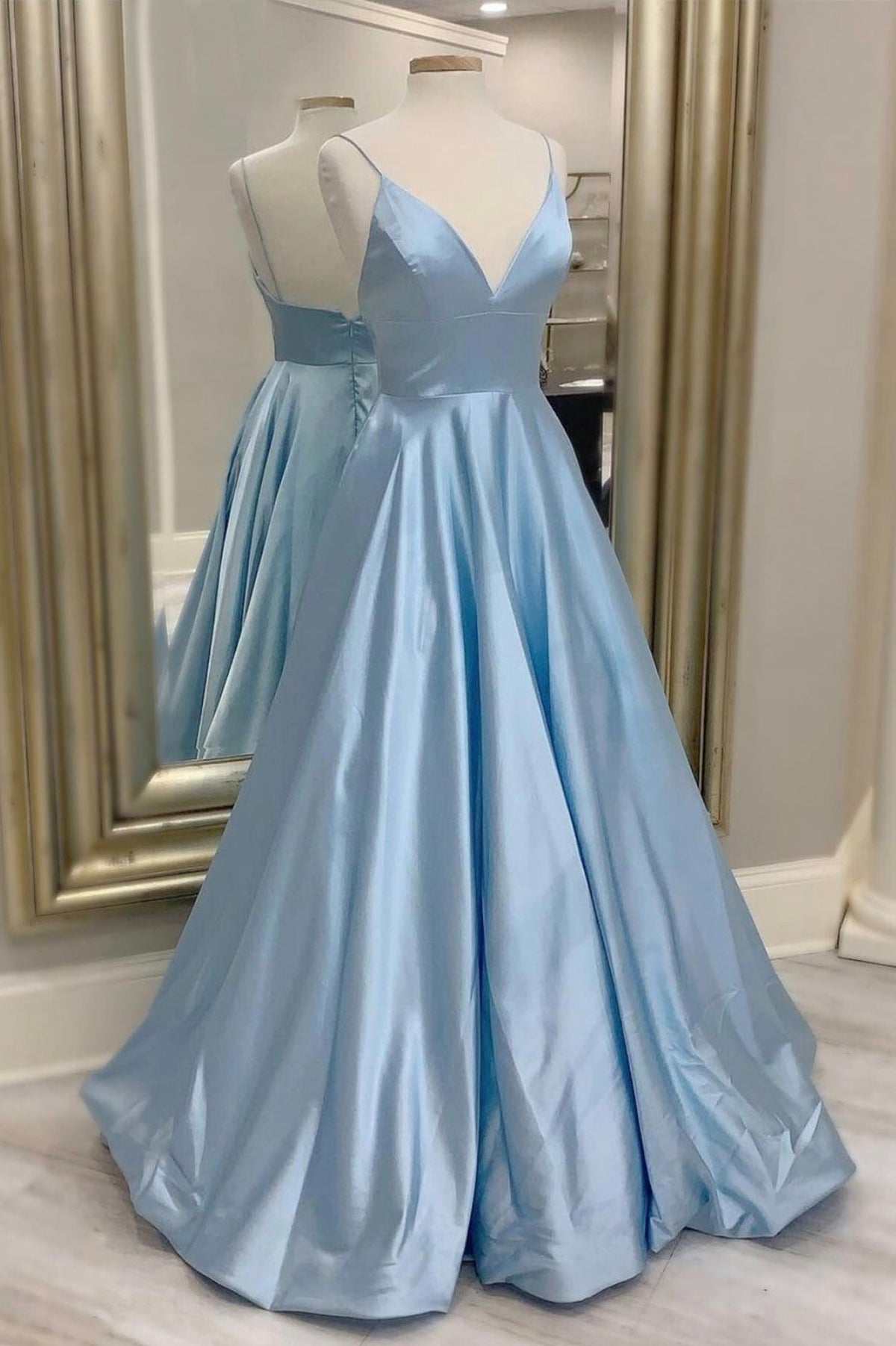 solvbao Blue V-Neck Satin Long Prom Dresses, Simple A-Line Evening Dresses