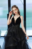 solvbao Black Tulle Lace Long Prom Dress, A-Line Evening Dress