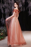 solvbao A-Line Tulle Sequins Long Prom Dresses, Off the Shoulder Evening Dresses