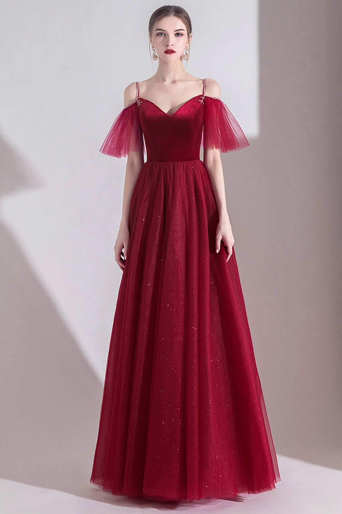 solvbao Burgundy Velvet Tulle Long A-Line Prom Dresses, Simple Evening Dresses