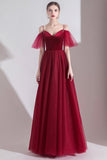 solvbao Burgundy Velvet Tulle Long A-Line Prom Dresses, Simple Evening Dresses