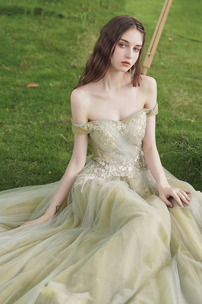 solvbao Green Lace Long Prom Dress, A-Line Evening Dress