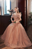 solvbao Pink Tulle Beaded Long Prom Dress, A-Line Evening Party Dress