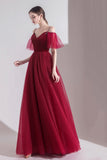 solvbao Burgundy Velvet Tulle Long A-Line Prom Dresses, Simple Evening Dresses