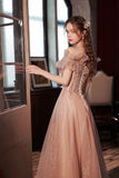 solvbao Pink Tulle Beaded Long Prom Dress, A-Line Evening Party Dress