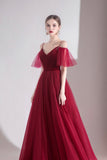 solvbao Burgundy Velvet Tulle Long A-Line Prom Dresses, Simple Evening Dresses