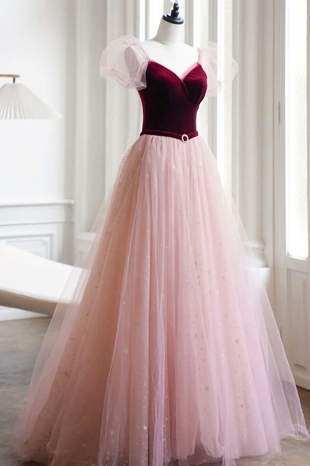 solvbao Burgundy Velvet and Pink Tulle Long A-Line Prom Dress, Lovely Party Dress