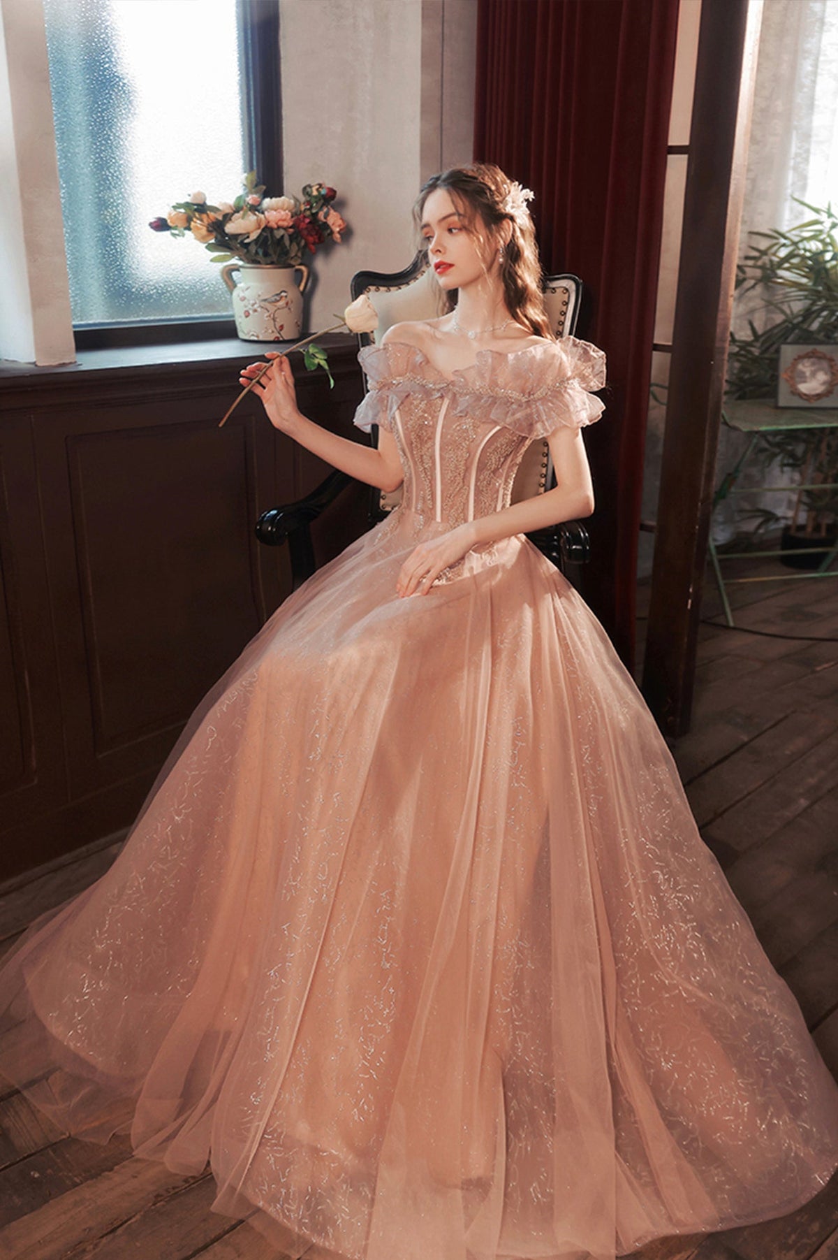 solvbao Pink Tulle Beaded Long Prom Dress, A-Line Evening Party Dress