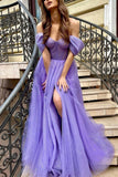 solvbao Purple Tulle Long A-Line Prom Dress, Purple Evening Dress with Slit