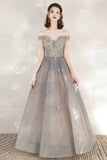 solvbao Cute Tulle Sequins Long Prom Dresses, Off the Shoulder Evening Dresses