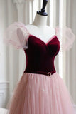 solvbao Burgundy Velvet and Pink Tulle Long A-Line Prom Dress, Lovely Party Dress