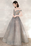 solvbao Cute Tulle Sequins Long Prom Dresses, Off the Shoulder Evening Dresses