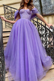 solvbao Purple Tulle Long A-Line Prom Dress, Purple Evening Dress with Slit