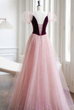 solvbao Burgundy Velvet and Pink Tulle Long A-Line Prom Dress, Lovely Party Dress