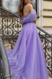 solvbao Purple Tulle Long A-Line Prom Dress, Purple Evening Dress with Slit