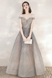 solvbao Cute Tulle Sequins Long Prom Dresses, Off the Shoulder Evening Dresses