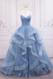 solvbao Blue V-Neck Tulle Long Formal Gown, A-Line Blue Evening Dress