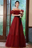 solvbao Burgundy Tulle Off the Shoulder Prom Dress, A-Line Evening Party Dress