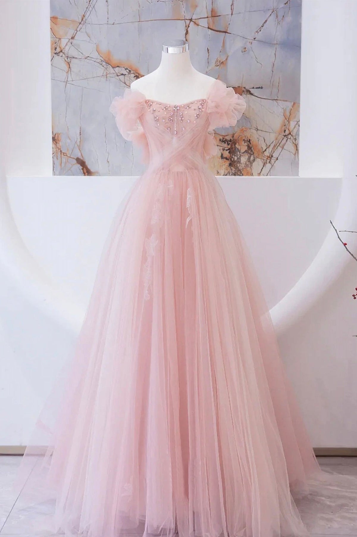 solvbao Pink Tulle Beaded Long Prom Dress, A-Line Evening Party Dress