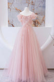 solvbao Pink Tulle Beaded Long Prom Dress, A-Line Evening Party Dress