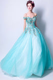 solvbao Blue Tulle Lace Long Prom Dresses, A-Line Off the Shoulder Evening Dresses