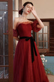 solvbao Burgundy Tulle Off the Shoulder Prom Dress, A-Line Evening Party Dress