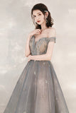 solvbao Cute Tulle Sequins Long Prom Dresses, Off the Shoulder Evening Dresses