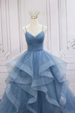 solvbao Blue V-Neck Tulle Long Formal Gown, A-Line Blue Evening Dress