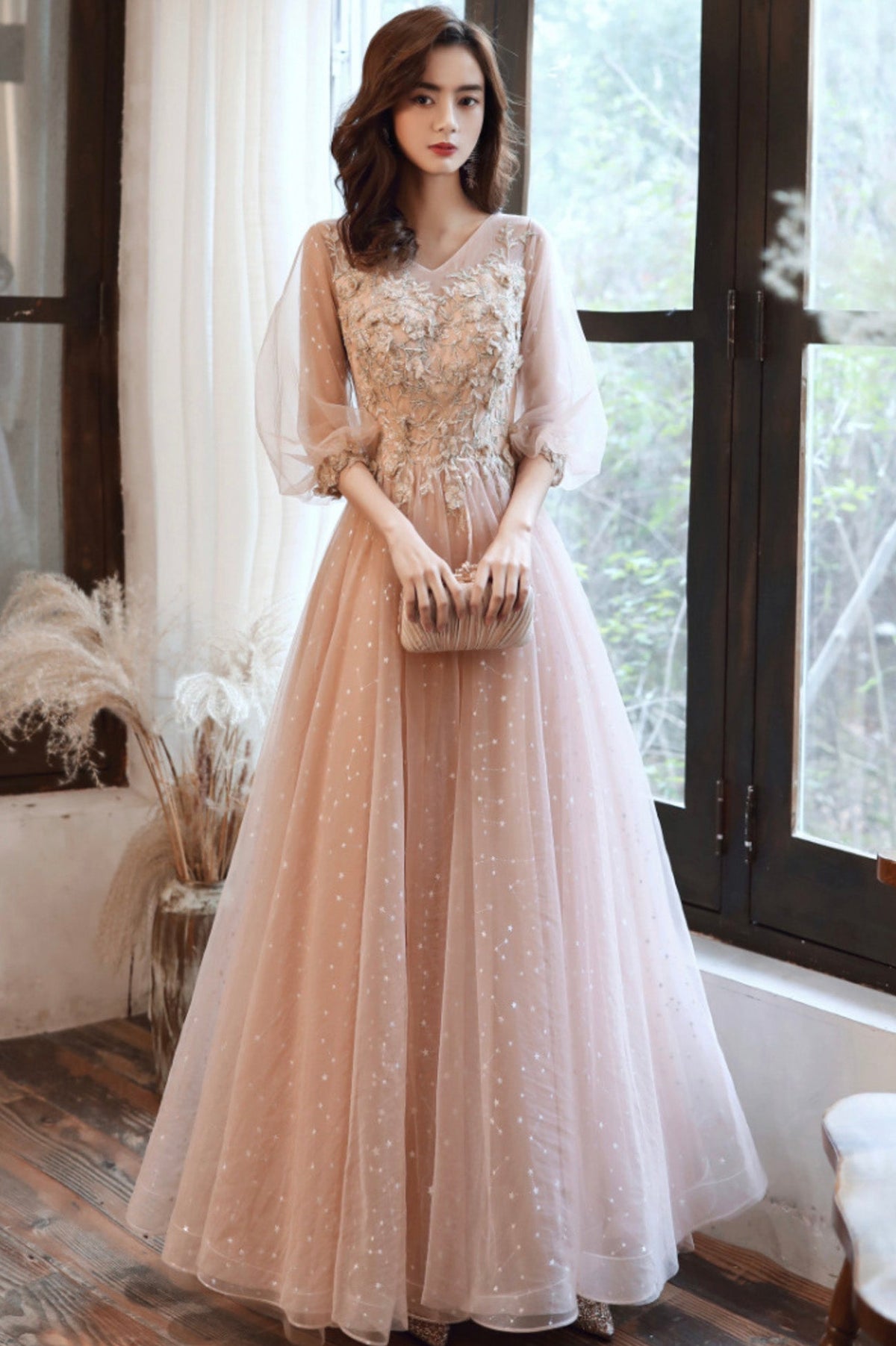 solvbao Pink Tulle Lace Long Prom Dresses, A-Line Long Sleeve Evening Dresses