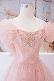 solvbao Pink Tulle Beaded Long Prom Dress, A-Line Evening Party Dress