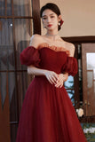 solvbao Burgundy Tulle Off the Shoulder Prom Dress, A-Line Evening Party Dress