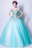 solvbao Blue Tulle Lace Long Prom Dresses, A-Line Off the Shoulder Evening Dresses