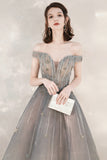 solvbao Cute Tulle Sequins Long Prom Dresses, Off the Shoulder Evening Dresses