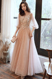 solvbao Pink Tulle Lace Long Prom Dresses, A-Line Long Sleeve Evening Dresses