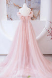 solvbao Pink Tulle Beaded Long Prom Dress, A-Line Evening Party Dress