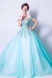 solvbao Blue Tulle Lace Long Prom Dresses, A-Line Off the Shoulder Evening Dresses