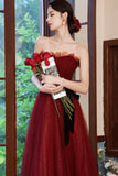 solvbao Burgundy Tulle Off the Shoulder Prom Dress, A-Line Evening Party Dress