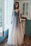 solvbao Gray Tulle Long Prom Dress, A-Line Backless Evening Dress