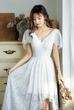 solvbao White V-Neck Lace High Low Prom Dress, White Evening Dress