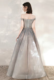 solvbao Cute Tulle Sequins Long Prom Dresses, Off the Shoulder Evening Dresses