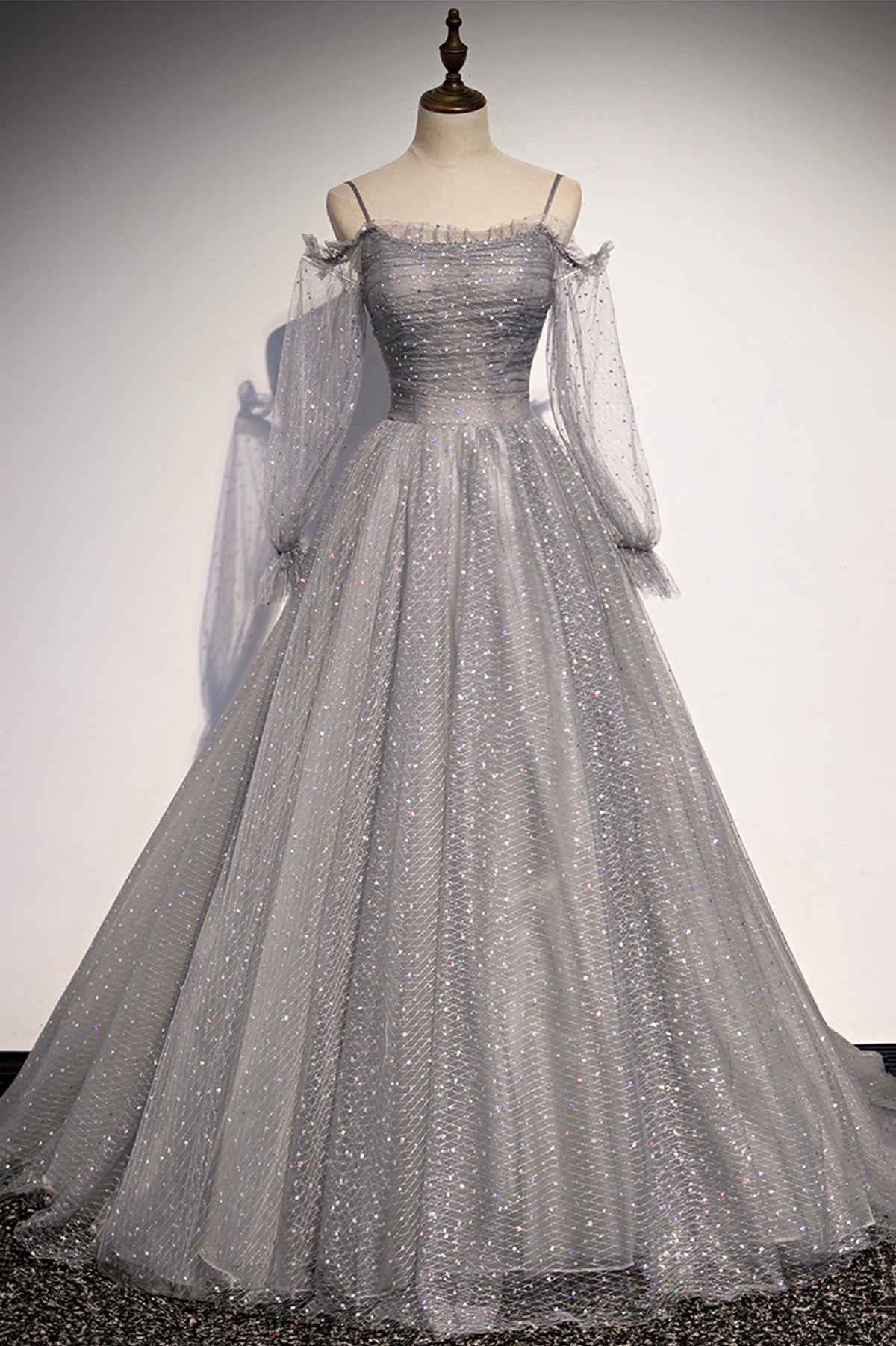 solvbao Gray Tulle Sequins Long Prom Dress, Long Sleeve Evening Dress