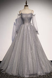 solvbao Gray Tulle Sequins Long Prom Dress, Long Sleeve Evening Dress