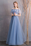 solvbao Blue Tulle Long Prom Dresses, A-Line Bridesmaid Dresses