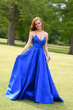 solvbao Blue Satin Long A-Line Prom Dress, V-Neck Evening Party Dress