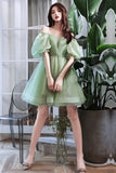 solvbao Green Tulle Short Prom Dress, Green A-Line Short Sleeve Party Dress