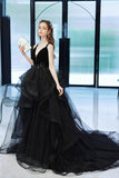 solvbao Black Tulle Lace Long Prom Dress, A-Line Evening Dress